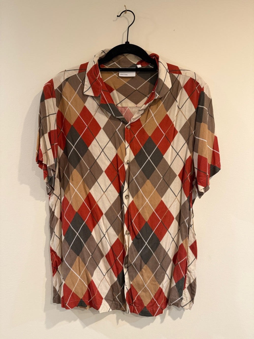 ASOS Short Sleeve Button-Down Shirt in Red, Brown & Cream Argyle